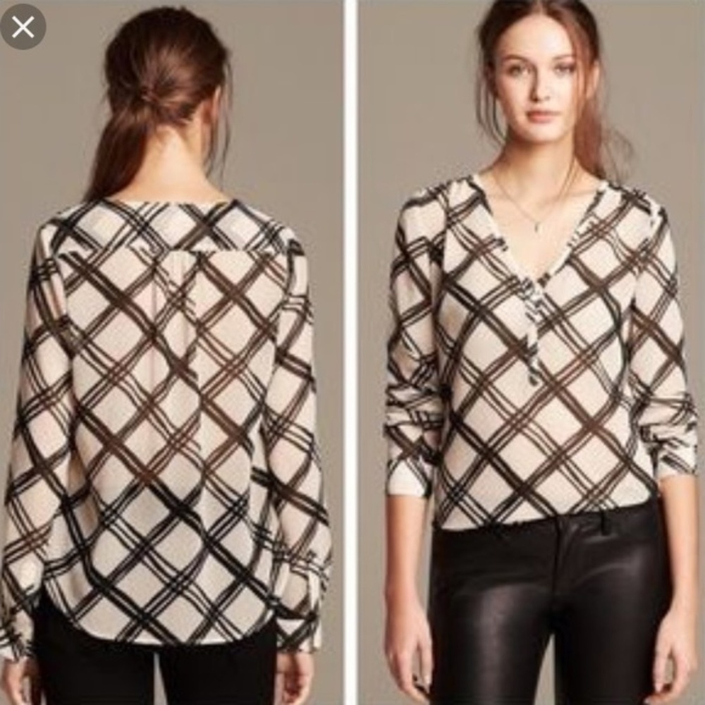 Banana Republic Graphic Plaid Sheer Chiffon Blouse